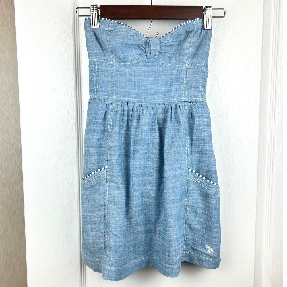 Abercrombie & Fitch Girls Blue Chambray Strapless Smocked Bow Dress‎ XS